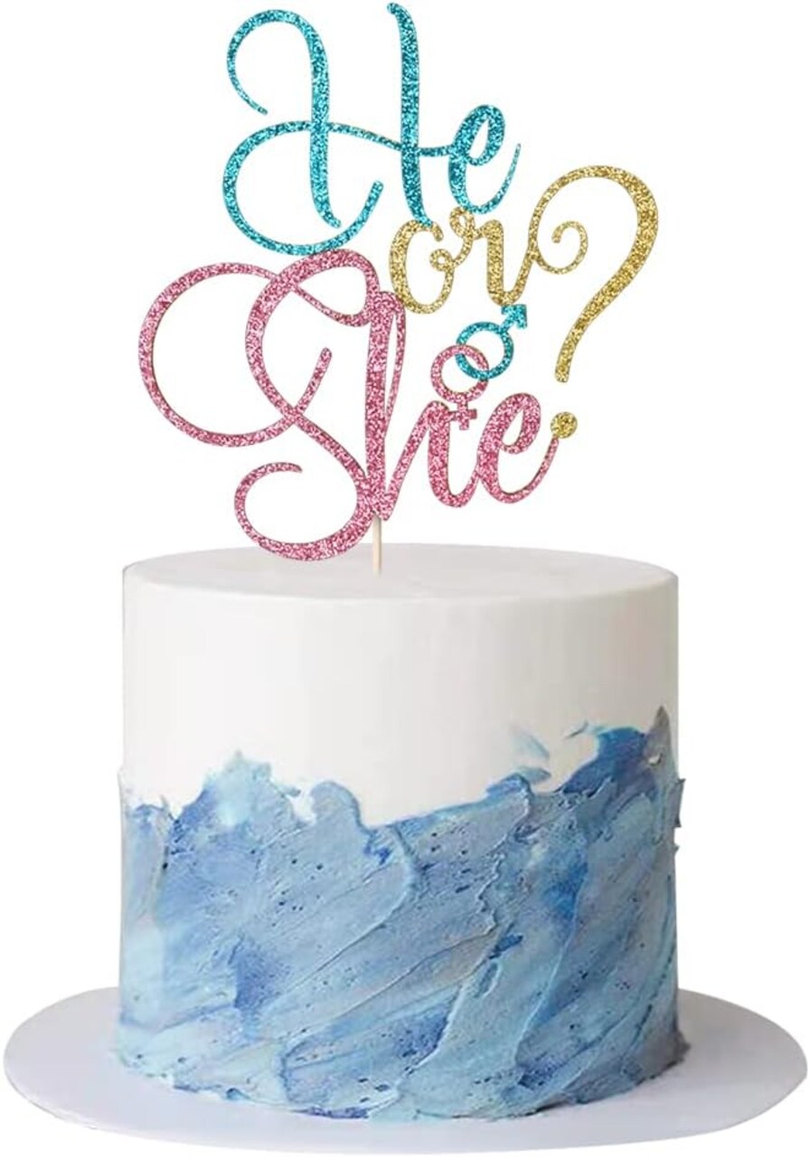 He Or She Cake Topper - Blue and Pink Glitter Baby Shower, Gender Reveal, Boy or Girl Happy Birthday Party Decoration (Blue and Pink)
